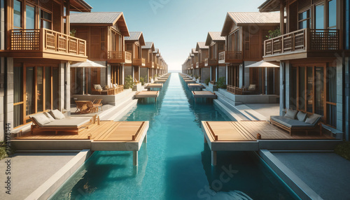 A water resort with villas on each side of a clear blue swimming channel © Tanicsean
