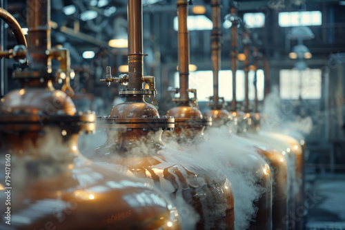 A scene showing the condensation process in a distillery, where vapor cools and transforms back into