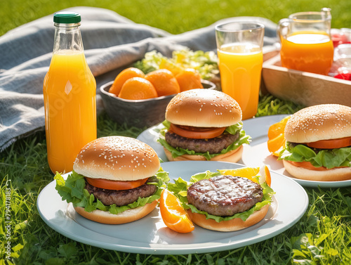 Lunch in the park on the green grass. Summer sunny day and picnic basket. summer picnic with hamburgers and fresh orange juice