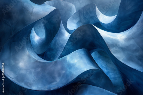 A series of abstract sculptures in shades of indigo, each form and shadow playing with the perceptio photo