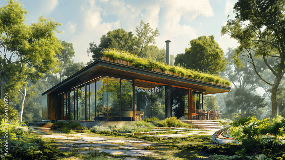 A house with a green roof and a large glass window A house with a green roof and a large glass window