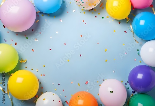 Colorful balloons and confetti on a light blue background
