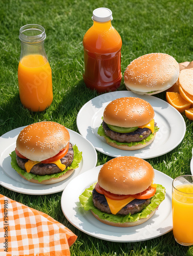 Lunch in the park on the green grass. Summer sunny day and picnic basket. summer picnic with hamburgers and fresh orange juice