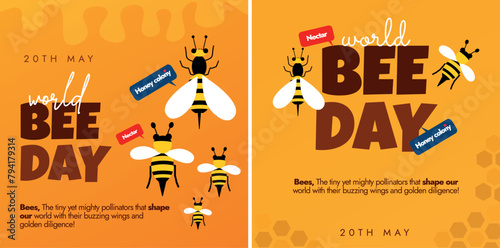 World Bee Day. 20th May World Bee Day celebration banners, post templates with Honey bees and honey comb pattern on orange background. The Day focus on importance of preserving honey bees, pollinators