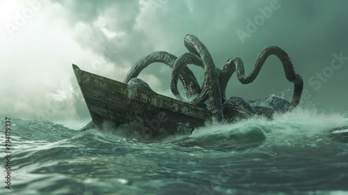 octopus fiercely attacks a ship in the open ocean, wrapping its tentacles around the vessel as it tries to defend itself photo