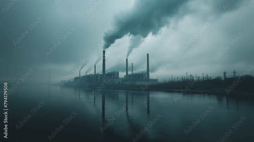 A factory with smoke coming out of it and a body of water in the background A factory with smoke coming out of it and a body of water in the background