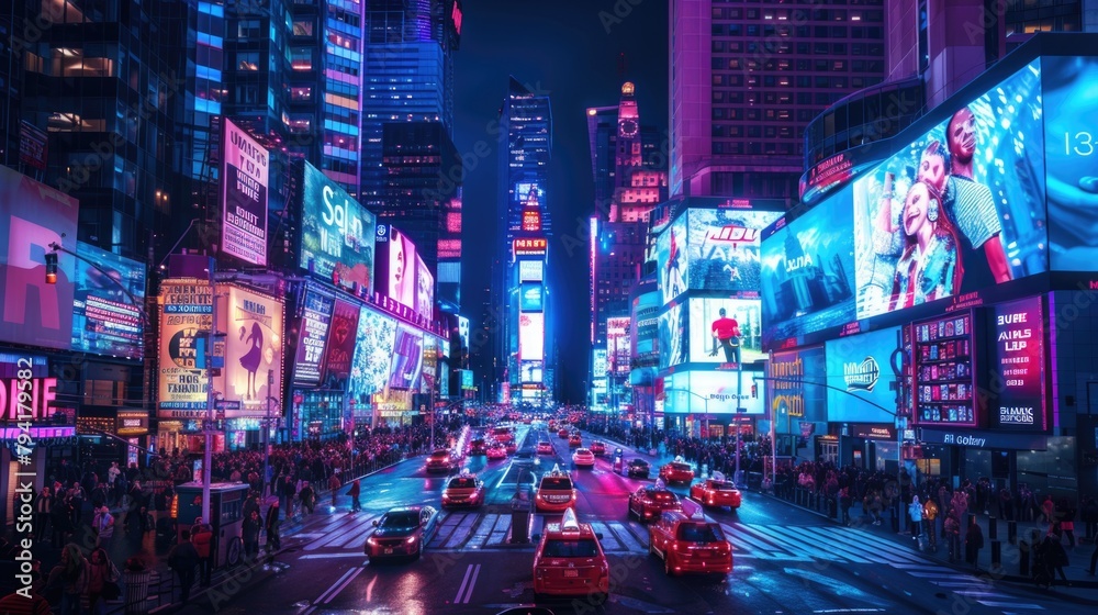 Vibrant Times Square at Night with Colorful Billboard Lights and Bustling Street Traffic