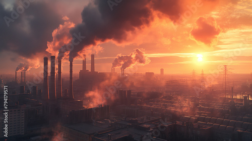 A city skyline with a large factory emitting smoke and a sun in the background