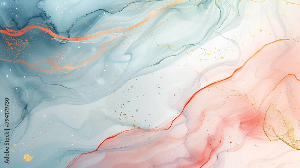 Abstract watercolor paint background illustration - Soft pastel ff7b00 late color and golden lines, with liquid fluid marbled paper texture