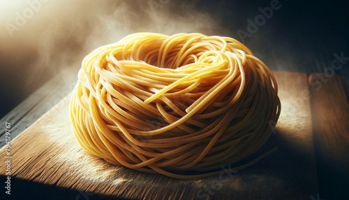 Freshly made raw noodle bundles. The noodles have a natural, yellow hue and be arranged neatly