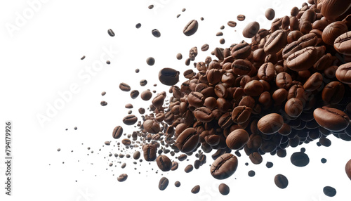Multiple coffee beans scattered across the frame, suspended in the air with a dynamic sense of motion on a transparent background photo