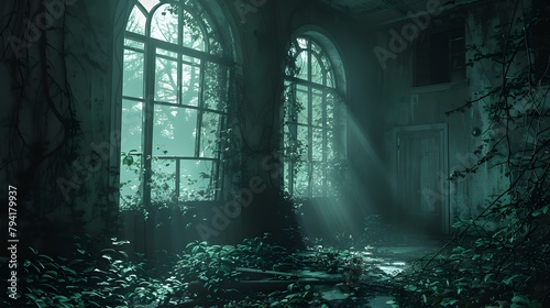 spooky atmosphere of an abandoned asylum  with broken windows and overgrown vines  in high resolution cinematic photography.