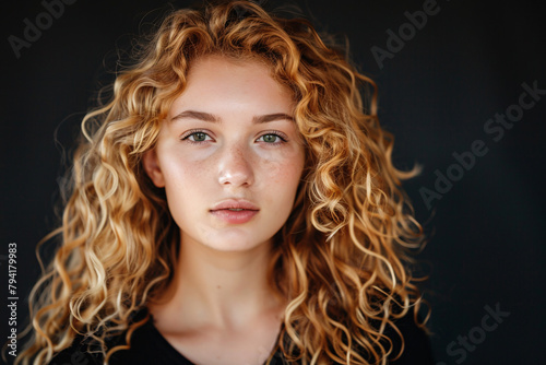 Beautiful curly hair of young woman on the black background