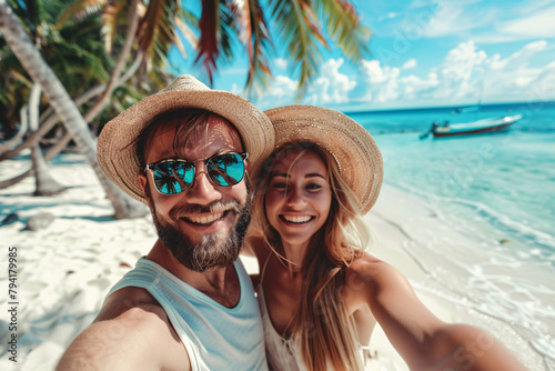 Beautiful couple taking selfie photo on tropical beach © Di Studio
