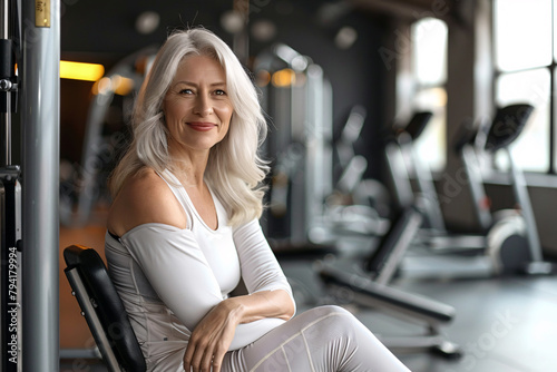 Beautiful mature fitness woman in white sportswear in gym