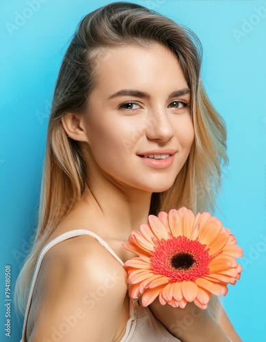 jeune femme blonde avec une très jolie fleur sur fond bleu en ia