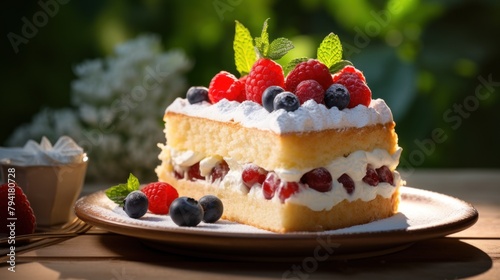 illustration of a delicious vanilla flavored sponge cake with a sweet and soft fruit and cream topping  suitable for your family s birthday cake