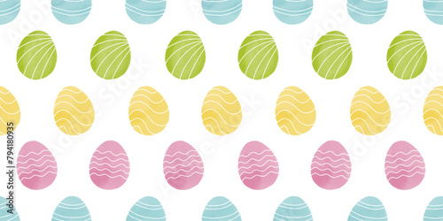 Cute illustration with colorful Easter eggs with watercolor texture, spring banner