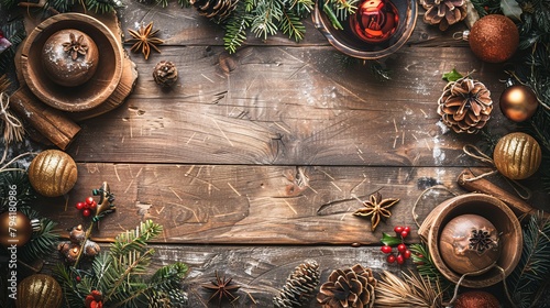 A rustic and charming Christmas background adorned with wooden accents and vintage ornaments