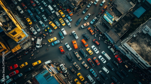 Overhead view of a bustling city street teeming with cars in a gridlock as evening falls photo