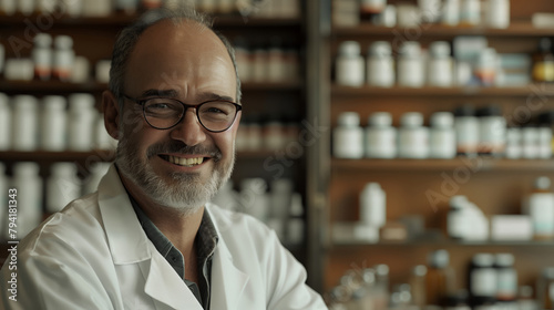 A male doctor wearing glasses and a white lab coat smiles and poses for a photo in front of a shelf with vials of medicines. Consultant for a healthy old age
