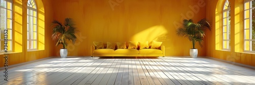 A living room featuring a yellow couch and two potted plants