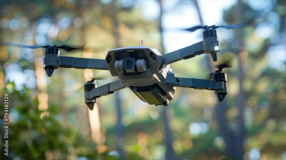An image of a drone equipped with sensors and cameras used for aerial explosive detection with the caption Advancements in drone technology allow for safer and more .