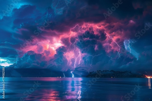 Catatumbo lightning storm, continuous, powerful flashes over a lake, night spectacle