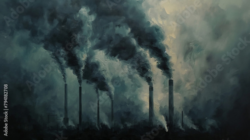 A painting of a factory with smoke coming out of it