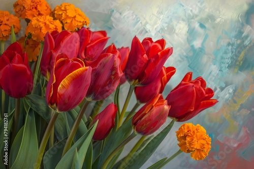 Red tulips burst from textured marigolds, bold colors contrasting on oil-painted canvas.