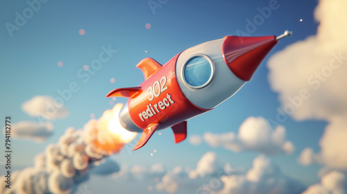 301 Redirect sign on a flying rocket in the sky. SEO term for the status response code of permanently moved page photo