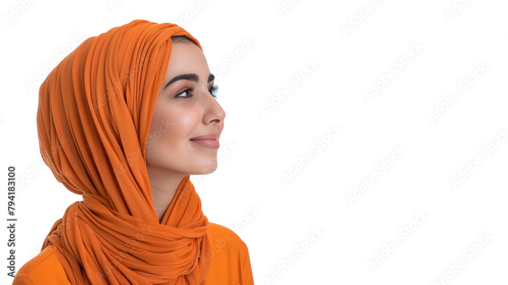 Naklejka premium Arab woman wearing orange ribbed v-neck t-shirt smile looking up