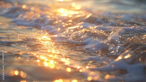 Waves sparkling in sunlight on a blurry water surface