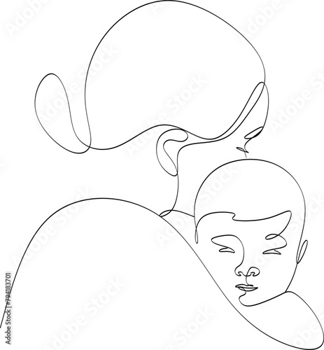 Abstract mother with a child in continuous one line drawing art style. Mother`s Day card. Woman hugging her baby. Happy motherhood concept. Modern vector illustration. Without artificial intelligence
