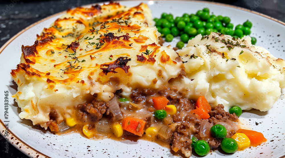 A homemade shepherd's pie with mashed potatoes and peas on the side A homemade shepherd's pie with mashed potatoes and peas on the side