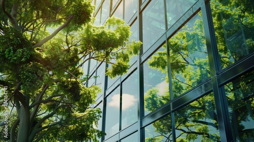 Green glass building, Eco-friendly building. Sustainable glass office building with tree for reducing carbon dioxide. Office with green environment. Corporate building reduce CO2-safety glass.