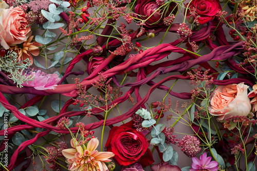 Ruby red botanicals entwine with organic arrangements amidst lush flowers.