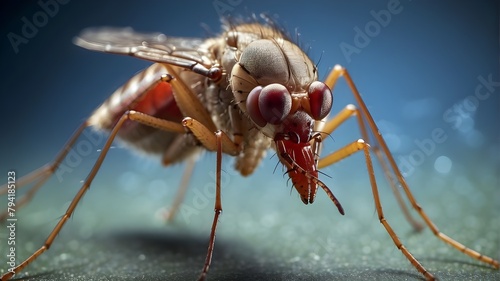 A close-up macro photograph showcasing the fine details of a mosquito feeding on human flesh.