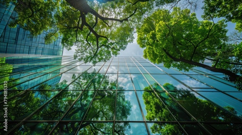 Green building concept, Eco-friendly building. Sustainable glass office building with tree for reducing carbon dioxide. Office with green environment. Corporate building reduce CO2. Safety glass.