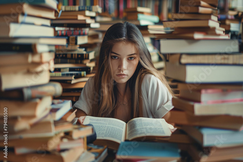 young girl student reading book in library with stack of books on the table