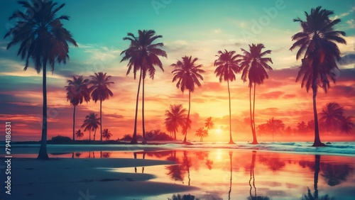 Palm Trees On Beach At sunset, summer background 