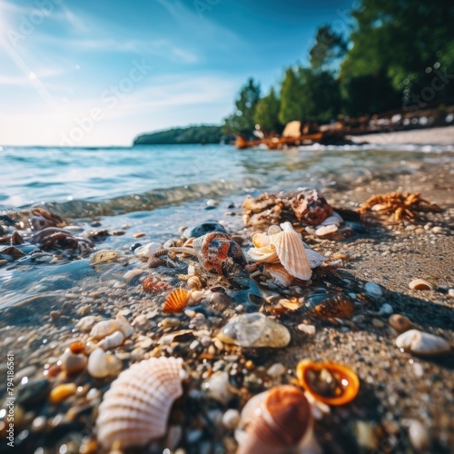 Landscape with a variety of colorful shells on a tropical sand beach with blue sea. concept of relaxing time and vacation