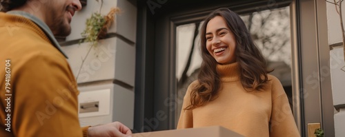 Woman receiving package from man