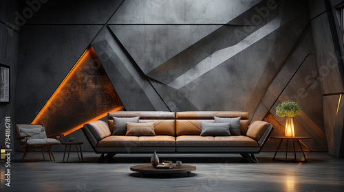 Beautiful Luxury Living Room Interior with Luxury Sofa with Dark Stone Wall