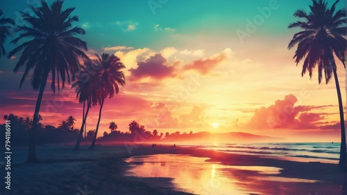 Palm Trees On Beach At sunset  summer background 
