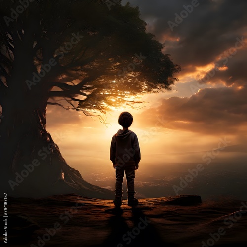 silhouette of a person, a big tree, a peacefull mind, sun, a mountain, sunset
 photo