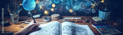 Stock image of a hand sketching or writing in a notebook, surrounded by lively blue tones, portraying innovation and creative thinking photo