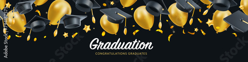 Vector illustration of graduate cap and flying golden air ballons on black background. Caps thrown up and air ballons pattern. 3d style design of congratulation graduates 2024 class with hat