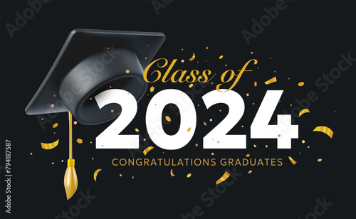 Vector illustration of graduate cap and word graduation on black background with number 2024 and confetti. 3d style design of congratulation graduates 2024 class with graduation hat