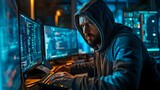 A Hooded Hacker Engages in Multiscreen Server Hacking. Concept Cybersecurity, Hacking, Hacker Hood, Multiscreen Display, Server Hacking